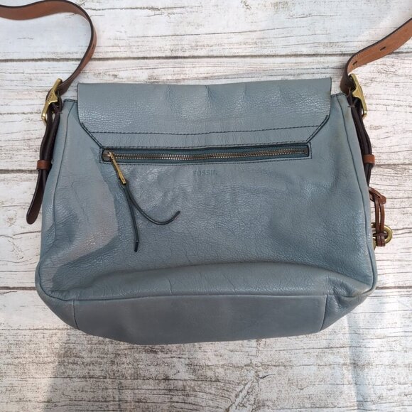 Fossil Leather Light Blue Seaglass Green Harper Crossbody Bag Large - Flawed - Picture 8 of 9